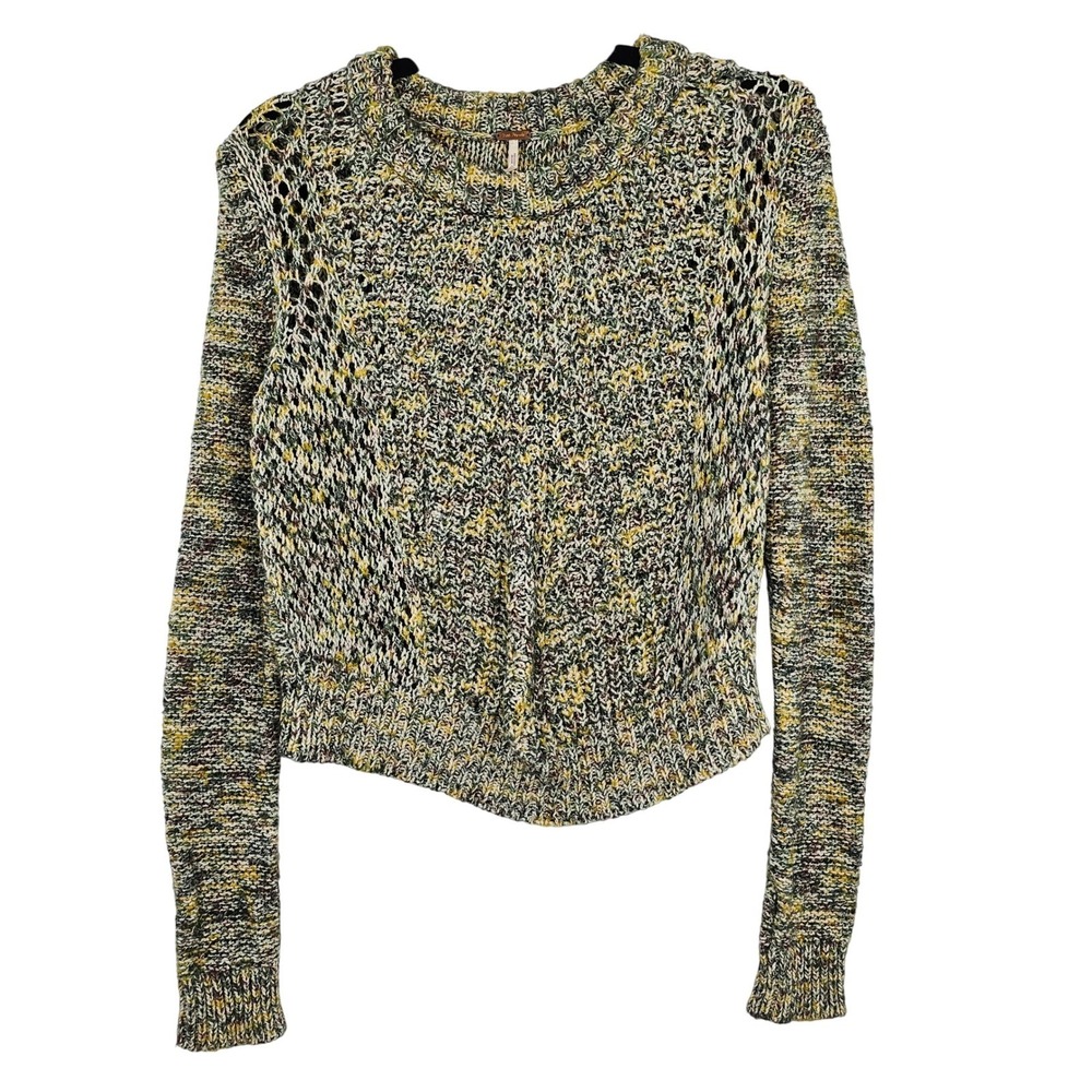 Free People Marled Knit Sweater Cropped Open Weave Pullover Green Yellow XSmall